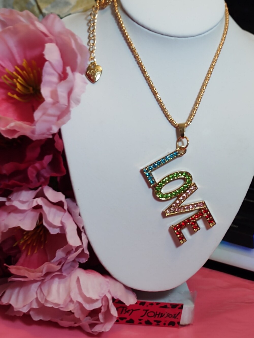 Betsey Johnson Gold-tone 'LOVE' Multicolor Crystal Pendant Necklace